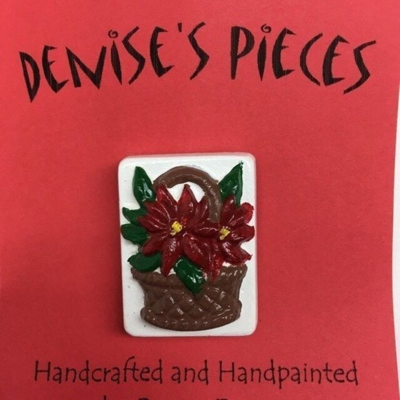 Poinsettia Christmas Pin Brooch Plaster Handcrafted Basket Red Green White Brown - Picture 1 of 2